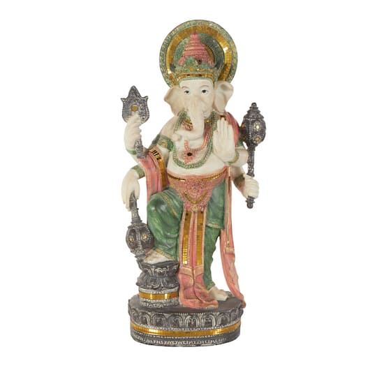 26.5" Gold Ganesh Sculpture with Green, Blue & Red Accents